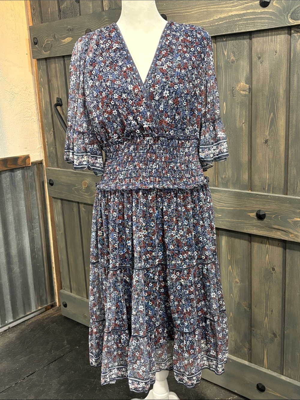 Max Studio Blue Multi Floral Wrap-Style Midi Dress